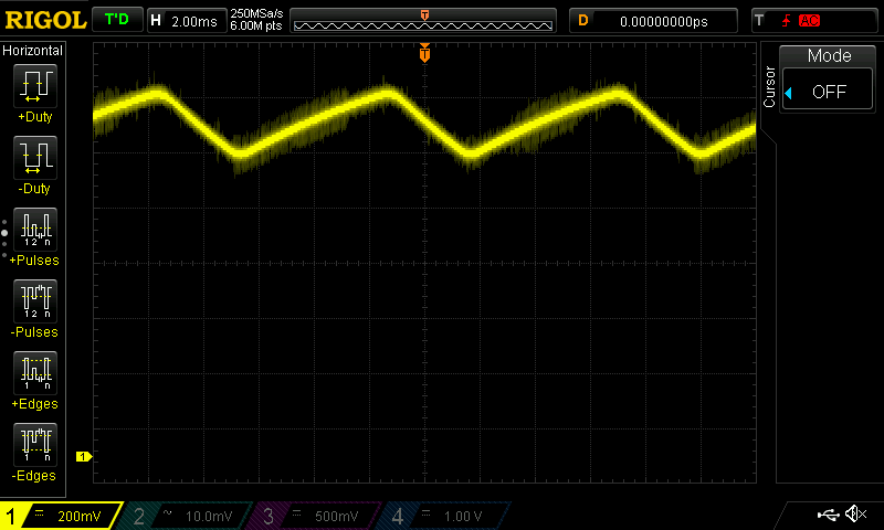 Oscilloscope screenshot of ceiling light flicker picked up by a solar panel, along with RF interference picked up by an unshielded cable.
